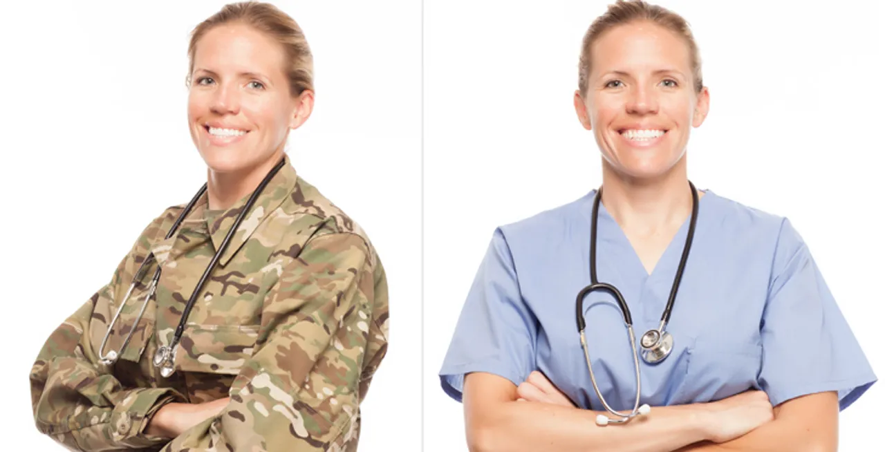 A woman as an army doctor next to herself as a civilian doctor