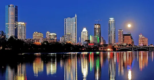 Downtown Austin skyline from Lady Bird Lake (20 miles from Cedar Park)