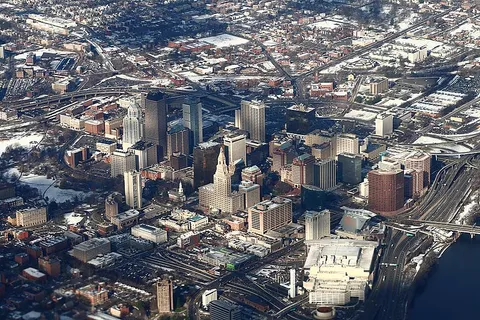 Aerial view of downtown Hartford in December